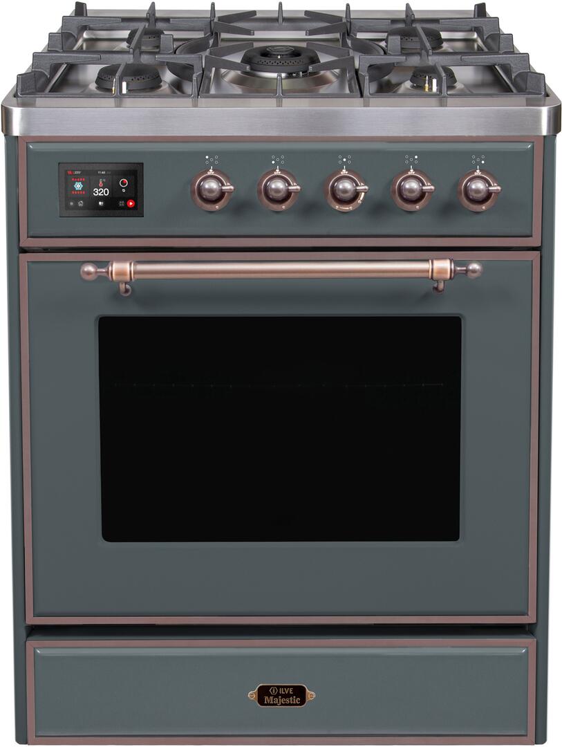 Ilve UM30DNE3BGBLP Majestic Ii 30 Inch Dual Fuel Liquid Propane Freestanding Range In Blue Grey With Bronze Trim