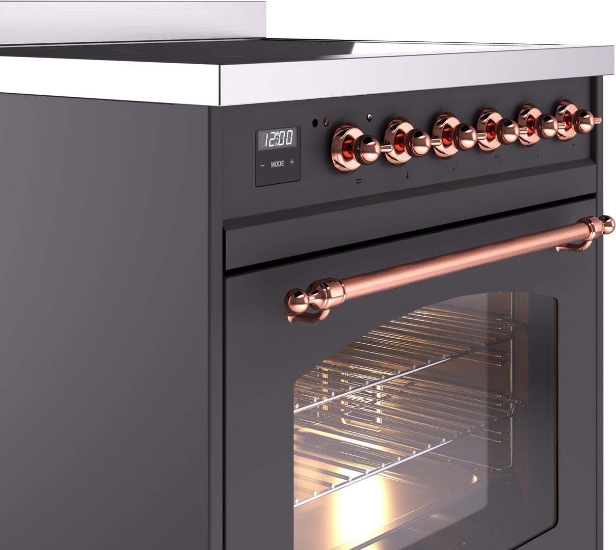 Ilve UPI304NMPMGP Nostalgie Ii 30 Inch Electric Freestanding Range In Matte Graphite With Copper Trim