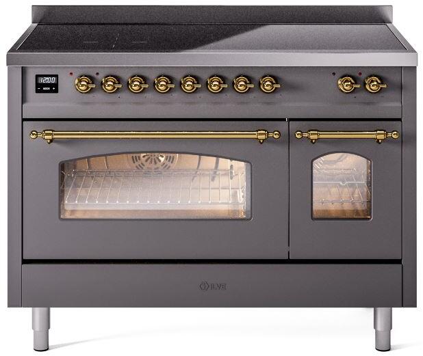 Ilve UPI486NMPMGG Nostalgie Ii 48 Inch Electric Freestanding Range In Matte Graphite With Brass Trim