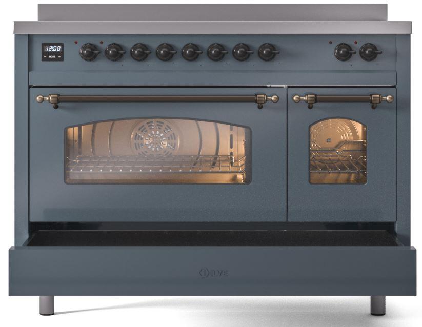 Ilve UPI486NMPBGB Nostalgie Ii 48 Inch Electric Freestanding Range In Blue Grey With Bronze Trim