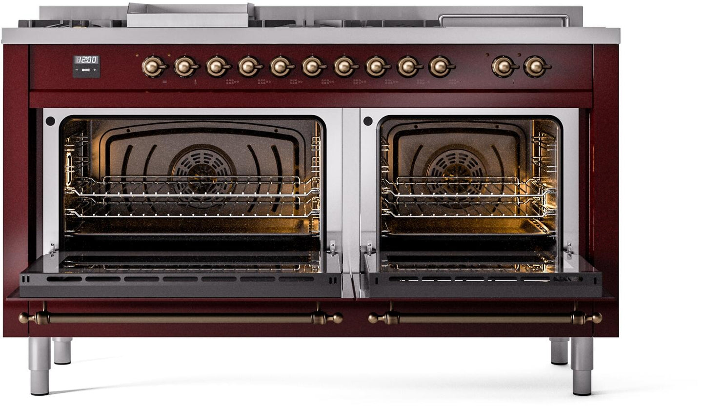 Ilve UP60FSNMPBUBLP Nostalgie Ii 60 Inch Dual Fuel Liquid Propane Freestanding Range In Burgundy With Bronze Trim