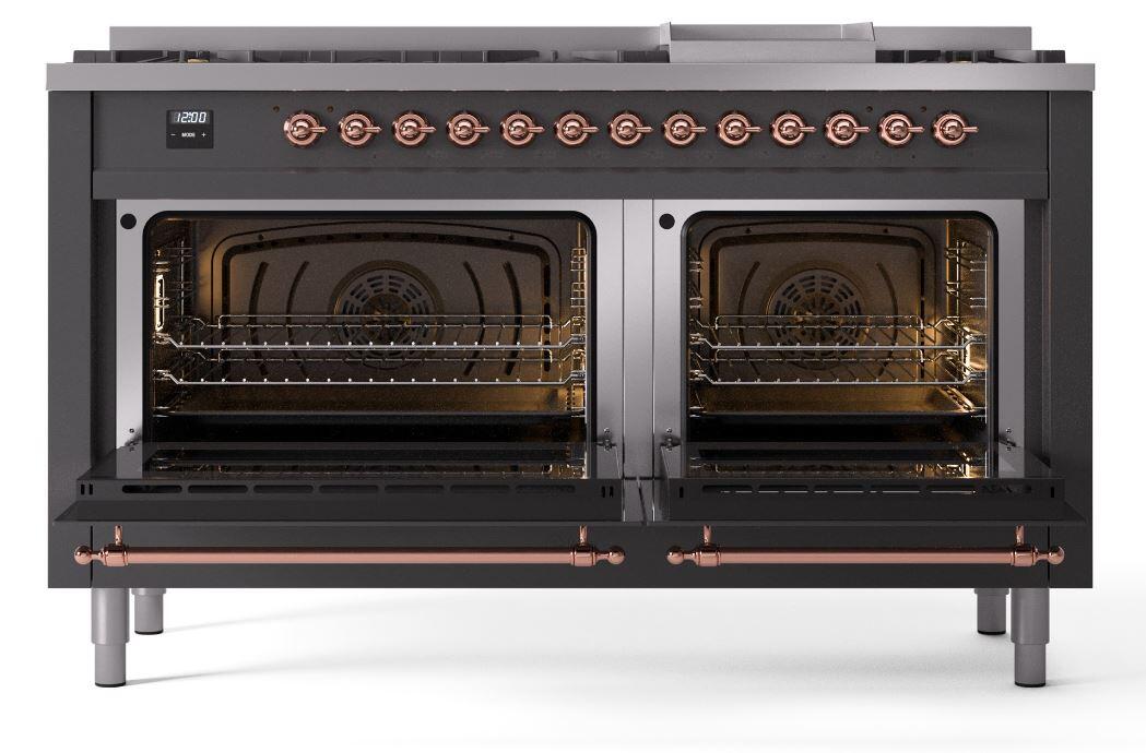 Ilve UP60FNMPMGPLP Nostalgie Ii 60 Inch Dual Fuel Liquid Propane Freestanding Range In Matte Graphite With Copper Trim