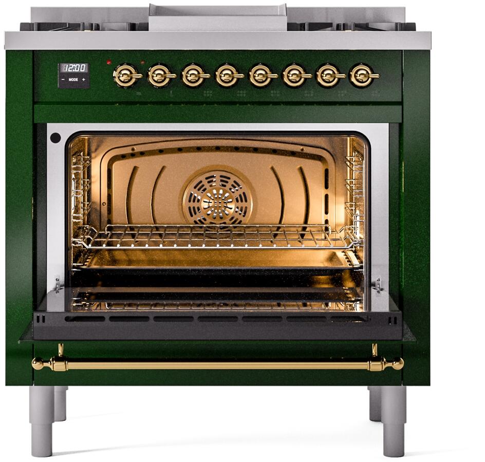 Ilve UP36FNMPEGGLP Nostalgie Ii 36 Inch Dual Fuel Liquid Propane Freestanding Range In Emerald Green With Brass Trim