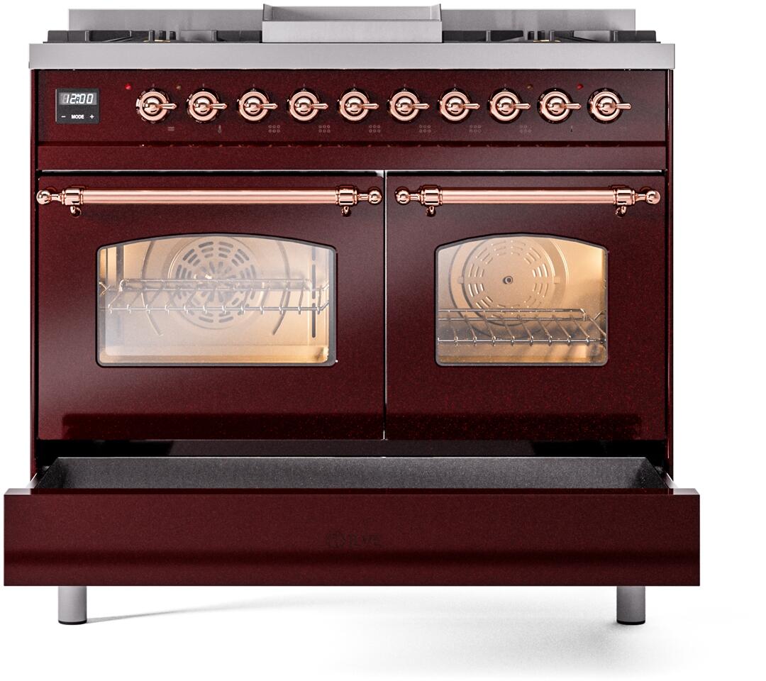 Ilve UPD40FNMPBUP Nostalgie Ii 40 Inch Dual Fuel Natural Gas Freestanding Range In Burgundy With Copper Trim