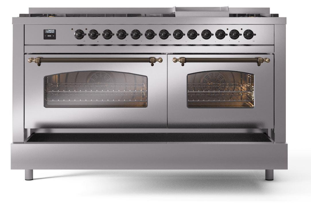 Ilve UP60FNMPSSB Nostalgie Ii 60 Inch Dual Fuel Natural Gas Freestanding Range In Stainless Steel With Bronze Trim