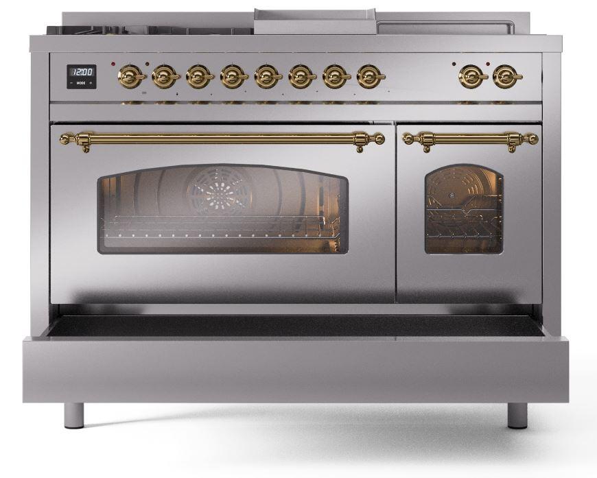 Ilve UP48FSNMPSSG Nostalgie Ii 48 Inch Dual Fuel Natural Gas Freestanding Range In Stainless Steel With Brass Trim