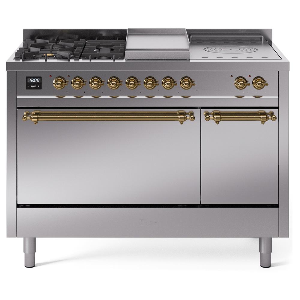 Ilve UP48FSQNMPSSG Ilve Nostalgie Ii 48 Up48Fsqnmpssg Freestanding Dual Fuel Range With 5 Sealed Burners And French Top Double Oven With Solid Door In Stainless Steel With Brass Knobs