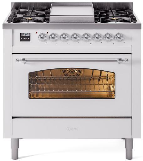 Ilve UP36FNMPWHCLP Nostalgie Ii 36 Inch Dual Fuel Liquid Propane Freestanding Range In White With Chrome Trim