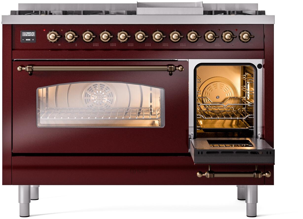 Ilve UP48FNMPBUB Nostalgie Ii 48 Inch Dual Fuel Natural Gas Freestanding Range In Burgundy With Bronze Trim