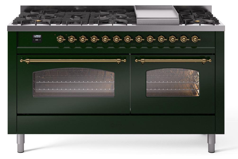 Ilve UP60FNMPEGG Nostalgie Ii 60 Inch Dual Fuel Natural Gas Freestanding Range In Emerald Green With Brass Trim