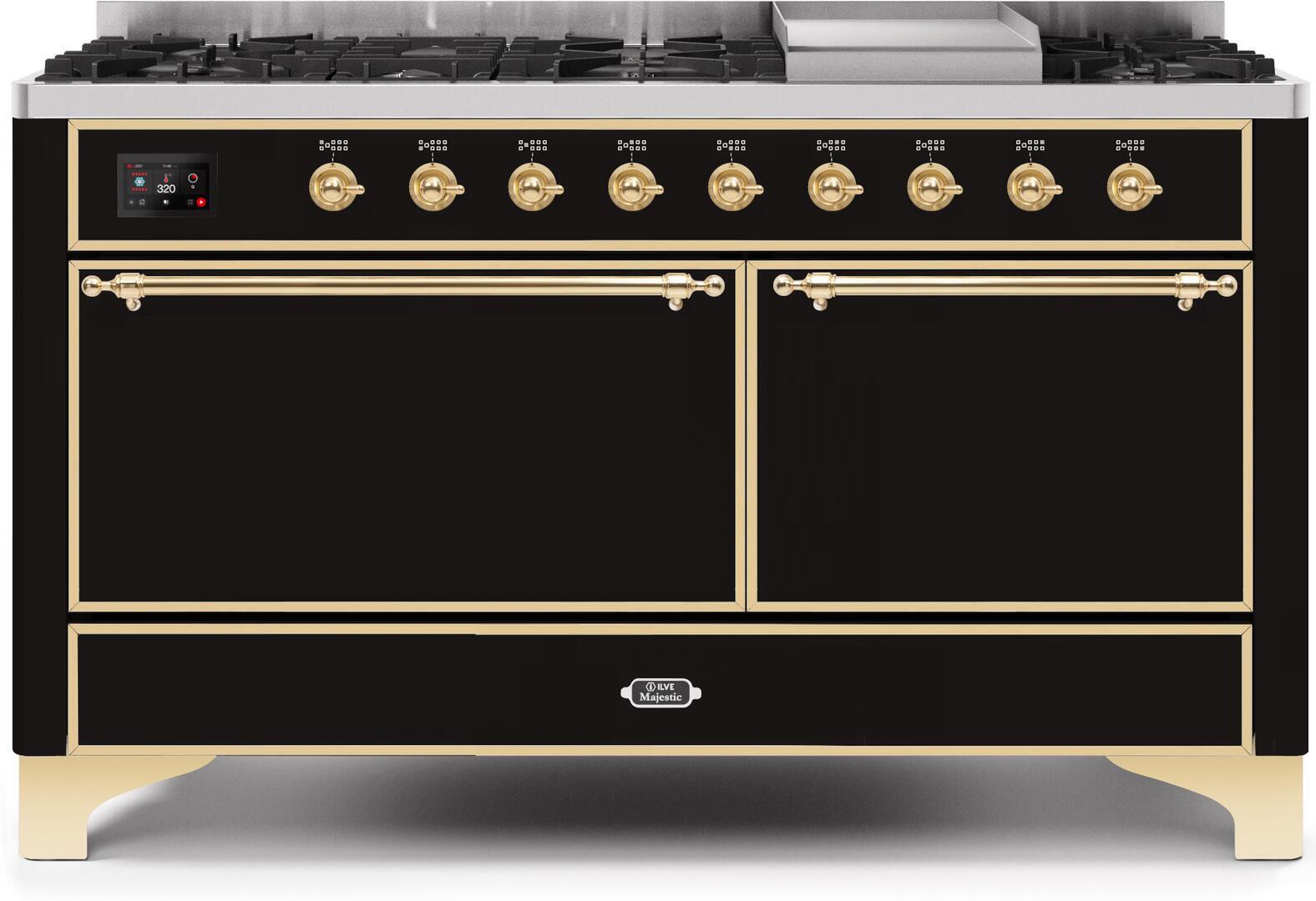 Ilve UM15FDQNS3BKG Majestic Ii 60 Inch Dual Fuel Natural Gas Freestanding Range In Glossy Black With Brass Trim