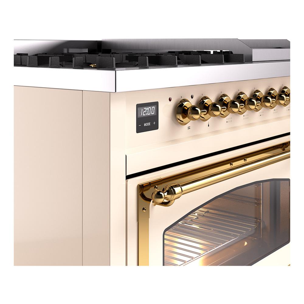 Ilve UN48FNMPAWG Ilve Un48Fnmpawg Nostalgie Ii Noblesse 48" Dual Fuel Range (8 Sealed Burners + Griddle, Natural Gas, Triple Glass Door, Antique White, Brass)