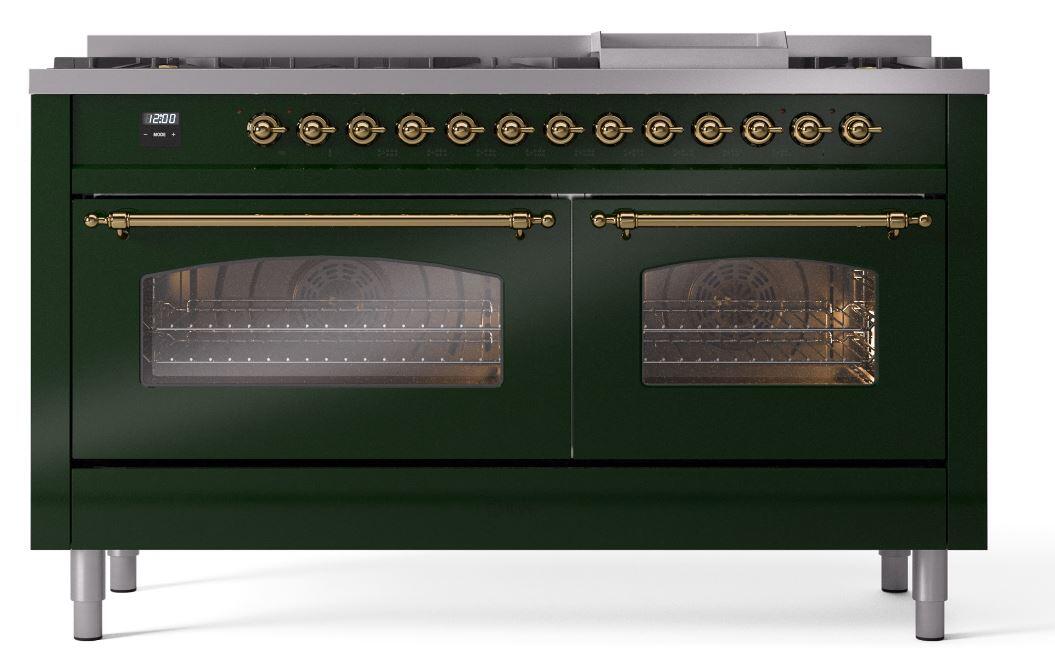 Ilve UP60FNMPEGG Nostalgie Ii 60 Inch Dual Fuel Natural Gas Freestanding Range In Emerald Green With Brass Trim