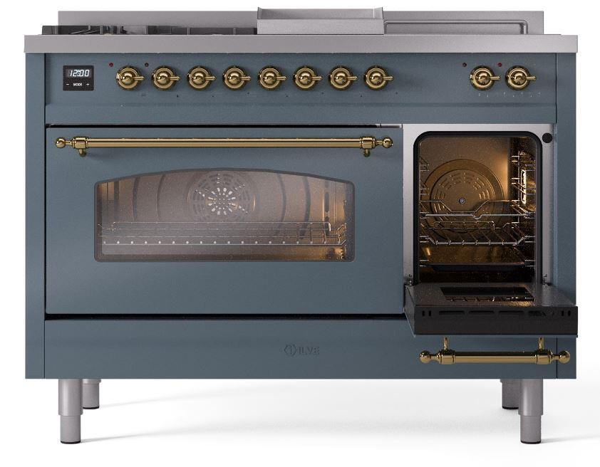 Ilve UP48FSNMPBGGLP Nostalgie Ii 48 Inch Dual Fuel Liquid Propane Freestanding Range In Blue Grey With Brass Trim