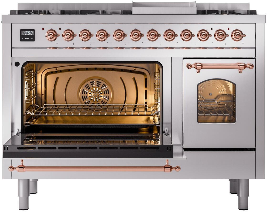 Ilve UP48FNMPSSPLP Nostalgie Ii 48 Inch Dual Fuel Liquid Propane Freestanding Range In Stainless Steel With Copper Trim