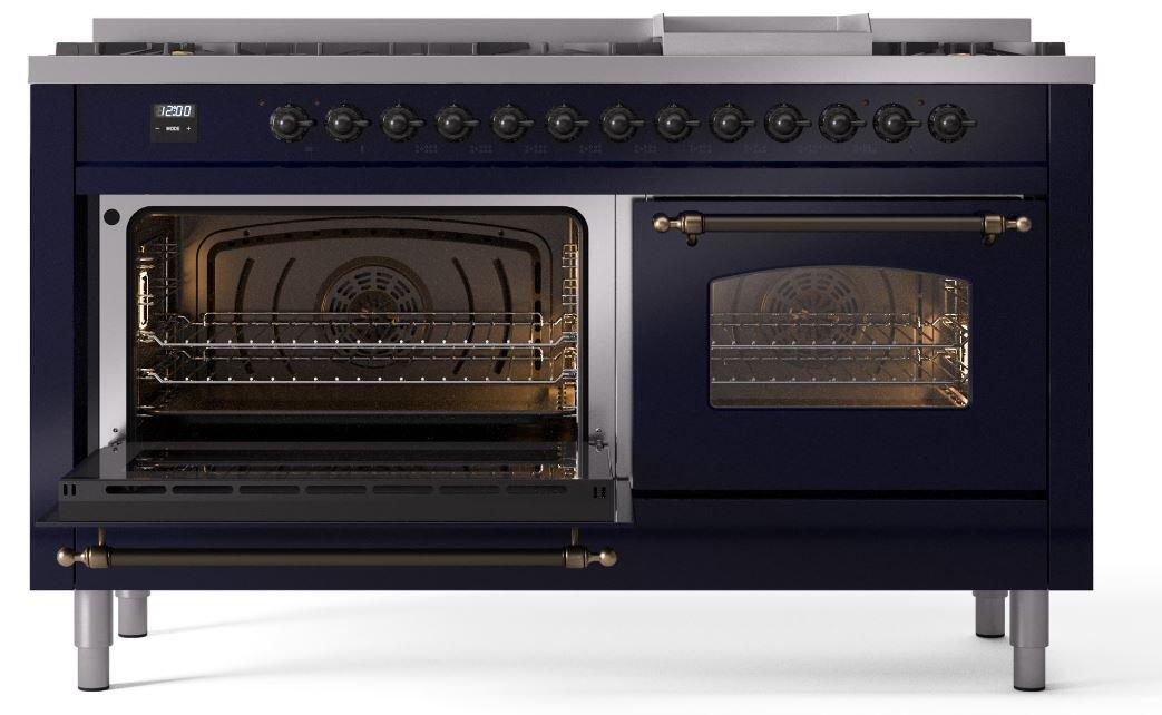 Ilve UP60FNMPMBBLP Nostalgie Ii 60 Inch Dual Fuel Liquid Propane Freestanding Range In Blue With Bronze Trim