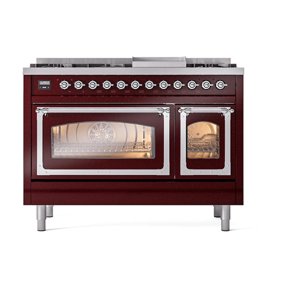 Ilve UN48FNMPBUCLP Ilve Un48Fnmpbuclp Nostalgie Ii Noblesse 48" Dual Fuel Range (8 Sealed Burners + Griddle, Liquid Propane, Triple Glass Door, Burgundy, Chrome)