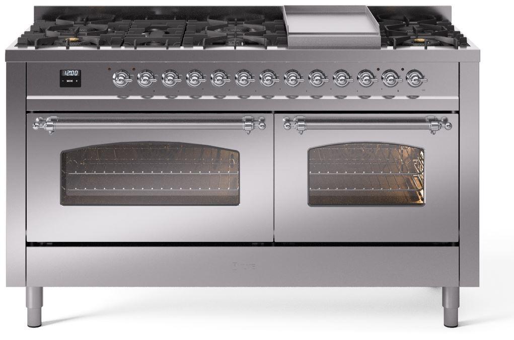 Ilve UP60FNMPSSC Nostalgie Ii 60 Inch Dual Fuel Natural Gas Freestanding Range In Stainless Steel With Chrome Trim