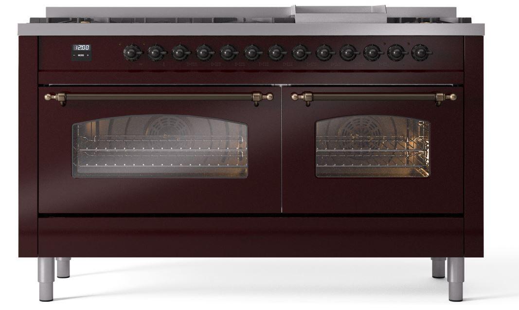 Ilve UP60FNMPBUBLP Nostalgie Ii 60 Inch Dual Fuel Liquid Propane Freestanding Range In Burgundy With Bronze Trim