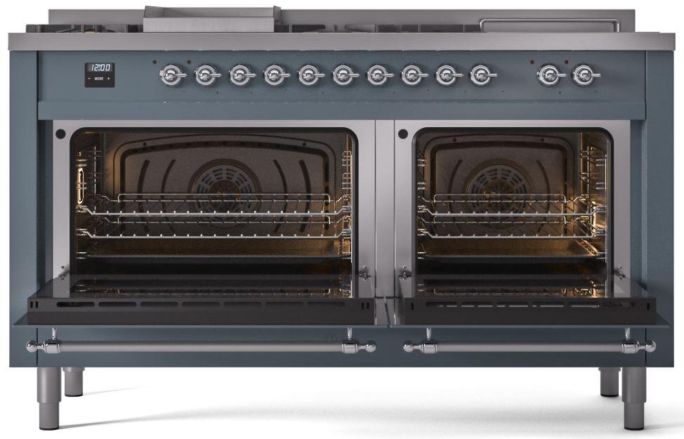 Ilve UP60FSNMPBGC Nostalgie Ii 60 Inch Dual Fuel Natural Gas Freestanding Range In Blue Grey With Chrome Trim