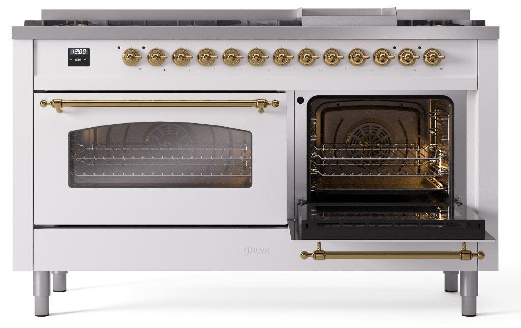 Ilve UP60FNMPWHG Nostalgie Ii 60 Inch Dual Fuel Natural Gas Freestanding Range In White With Brass Trim