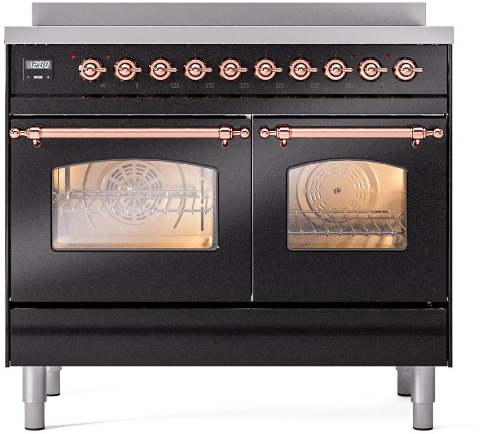 Ilve UPDI406NMPBKP Nostalgie Ii 40 Inch Electric Freestanding Range In Glossy Black With Copper Trim