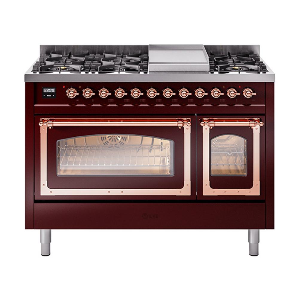 Ilve UN48FNMPBUPLP Ilve Un48Fnmpbuplp Nostalgie Ii Noblesse 48" Dual Fuel Range (8 Sealed Burners + Griddle, Liquid Propane, Triple Glass Door, Burgundy, Copper)