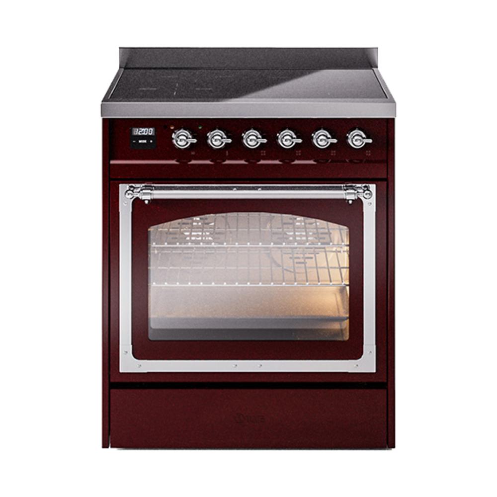 Ilve UNI304NMPBUC Ilve Uni304Nmpbuc Nostalgie Ii Noblesse 30" Induction Range (Triple Glass Door, Burgundy, Chrome)