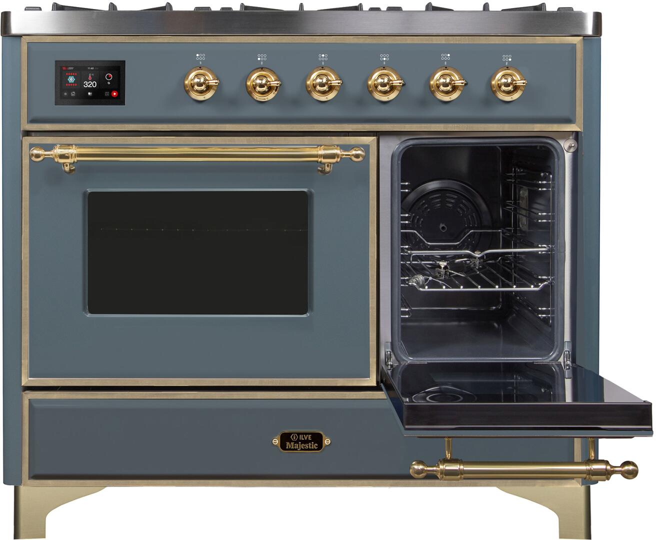 Ilve UMD10FDNS3BGGLP Majestic Ii 40 Inch Dual Fuel Liquid Propane Freestanding Range In Blue Grey With Brass Trim