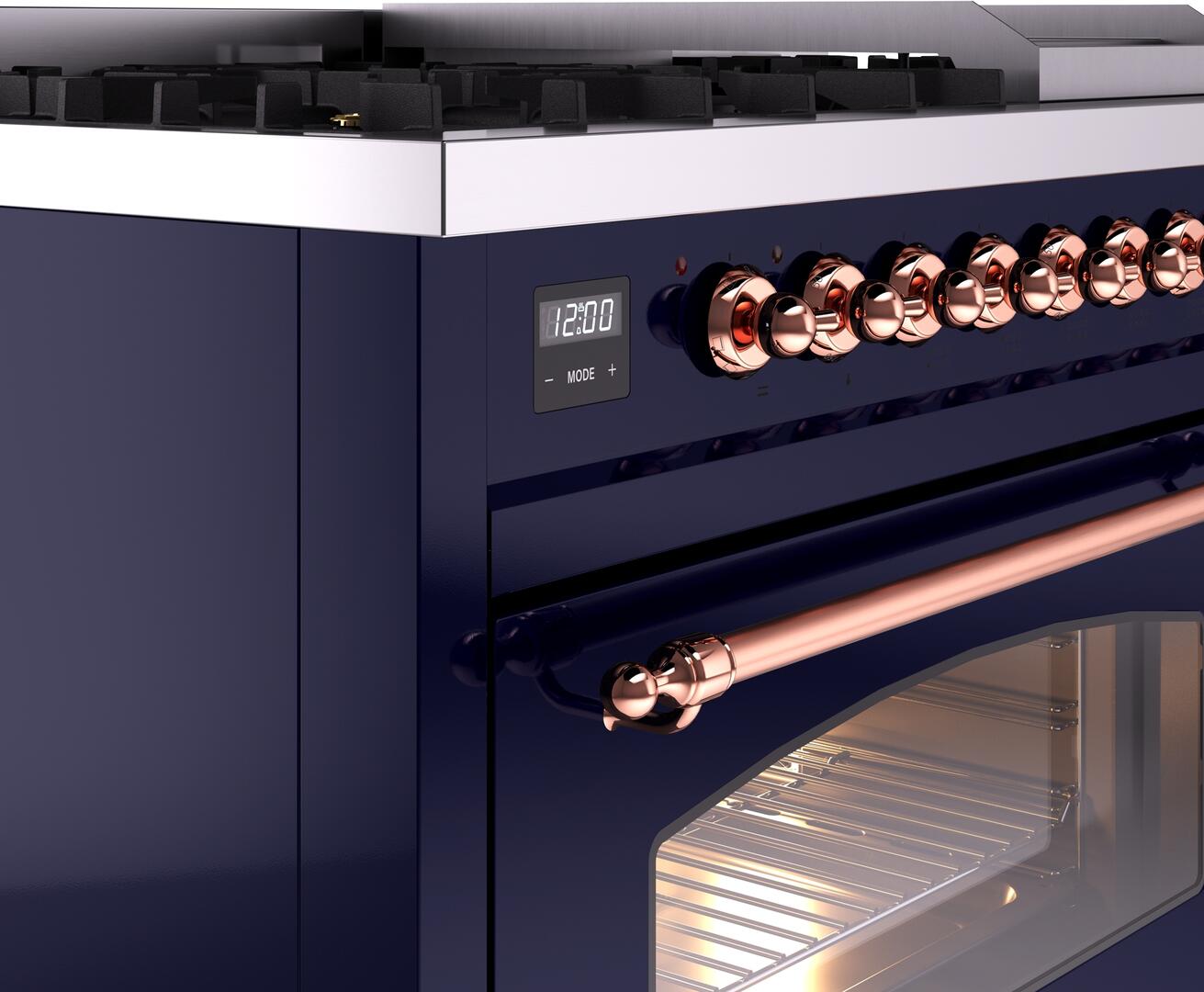 Ilve UP48FNMPMBP Nostalgie Ii 48 Inch Dual Fuel Natural Gas Freestanding Range In Blue With Copper Trim