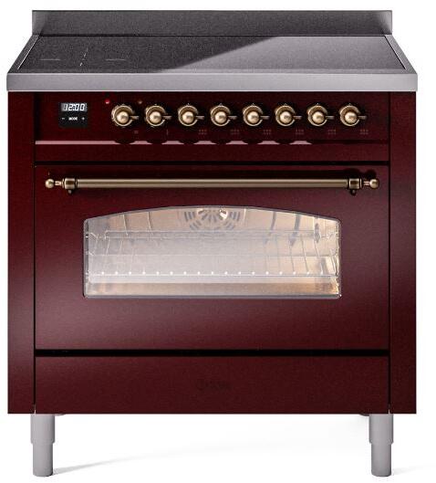 Ilve UPI366NMPBUB Nostalgie Ii 36 Inch Electric Freestanding Range In Burgundy With Bronze Trim