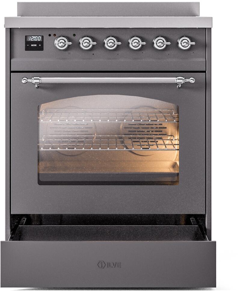 Ilve UPI304NMPMGC Nostalgie Ii 30 Inch Electric Freestanding Range In Matte Graphite With Chrome Trim