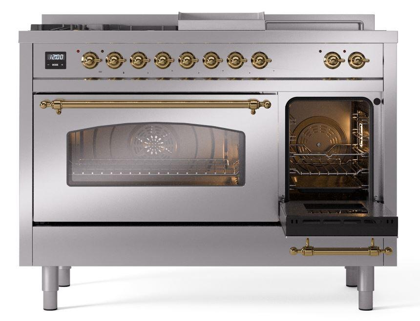 Ilve UP48FSNMPSSG Nostalgie Ii 48 Inch Dual Fuel Natural Gas Freestanding Range In Stainless Steel With Brass Trim