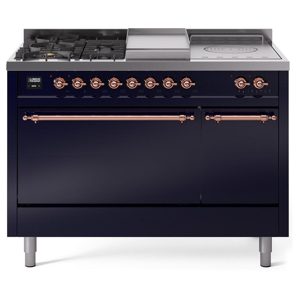 Ilve UP48FSQNMPMBP Ilve Nostalgie Ii 48 Up48Fsqnmpmbp Freestanding Dual Fuel Range With 5 Sealed Burners And French Top Double Oven With Solid Door In Midnight Blue With Copper Knobs