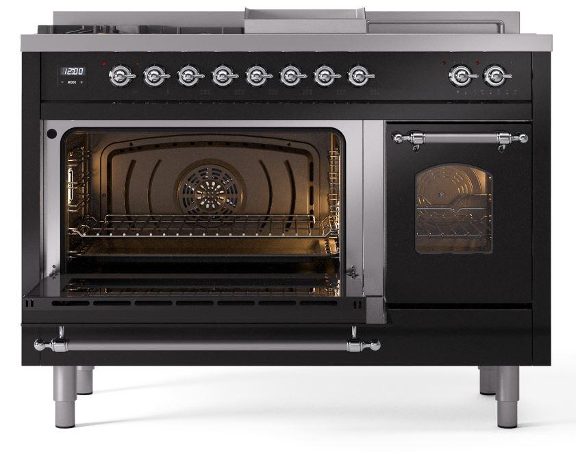 Ilve UP48FSNMPBKCLP Nostalgie Ii 48 Inch Dual Fuel Liquid Propane Freestanding Range In Glossy Black With Chrome Trim