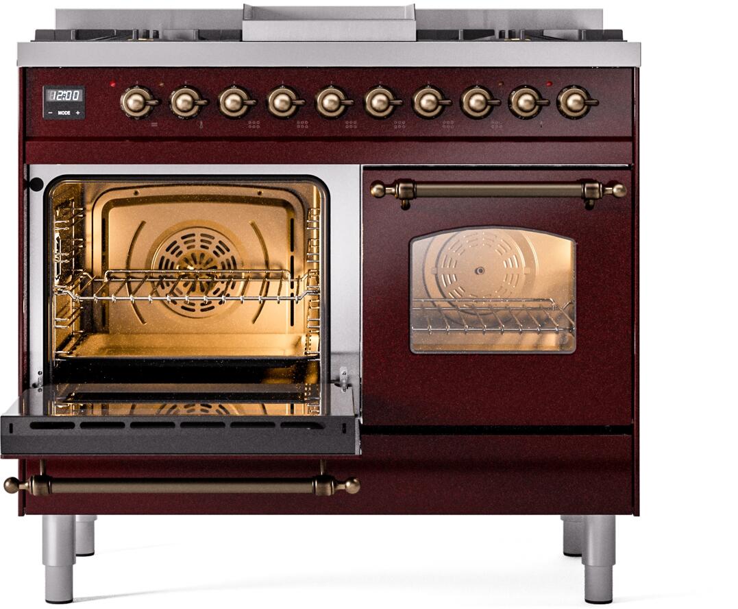 Ilve UPD40FNMPBUB Nostalgie Ii 40 Inch Dual Fuel Natural Gas Freestanding Range In Burgundy With Bronze Trim