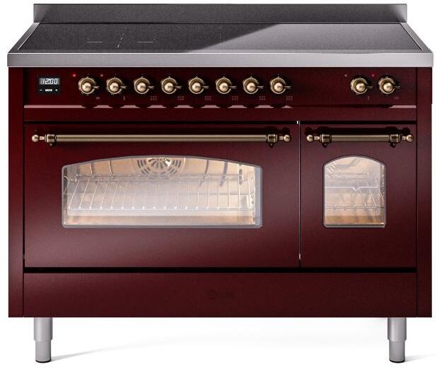 Ilve UPI486NMPBUB Nostalgie Ii 48 Inch Electric Freestanding Range In Burgundy With Bronze Trim