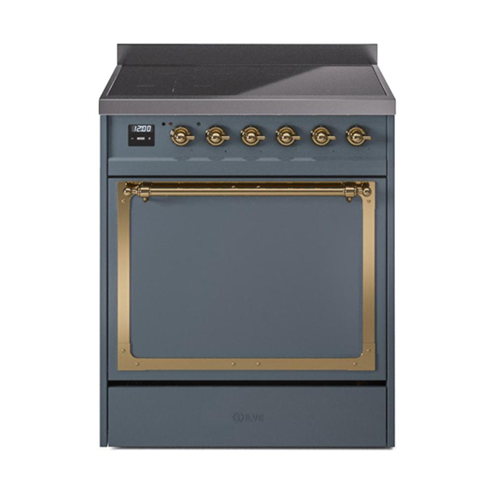 Ilve UNI304QNMPBGG Ilve Uni304Qnmpbgg Nostalgie Ii Noblesse 30" Induction Range (Solid Door, Blue Grey, Brass)