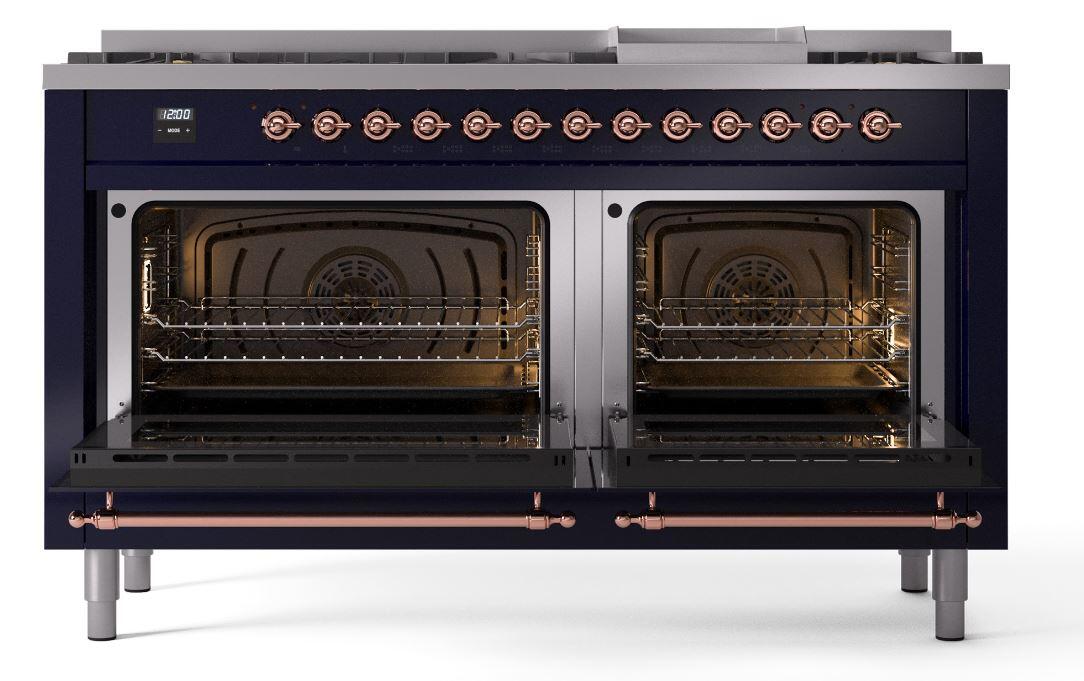 Ilve UP60FNMPMBPLP Nostalgie Ii 60 Inch Dual Fuel Liquid Propane Freestanding Range In Blue With Copper Trim