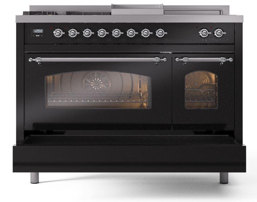 Ilve UP48FSNMPBKCLP Nostalgie Ii 48 Inch Dual Fuel Liquid Propane Freestanding Range In Glossy Black With Chrome Trim