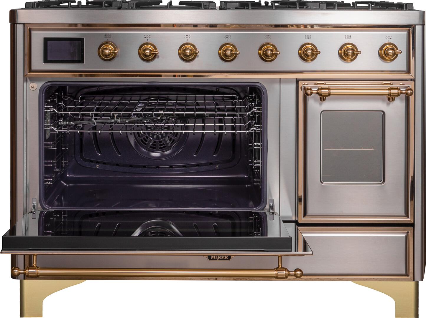 Ilve UM12FDNS3SSGLP Majestic Ii 48 Inch Dual Fuel Liquid Propane Freestanding Range In Stainless Steel With Brass Trim