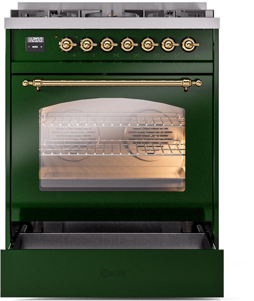 Ilve UP30NMPEGGLP Nostalgie Ii 30 Inch Dual Fuel Liquid Propane Freestanding Range In Emerald Green With Brass Trim