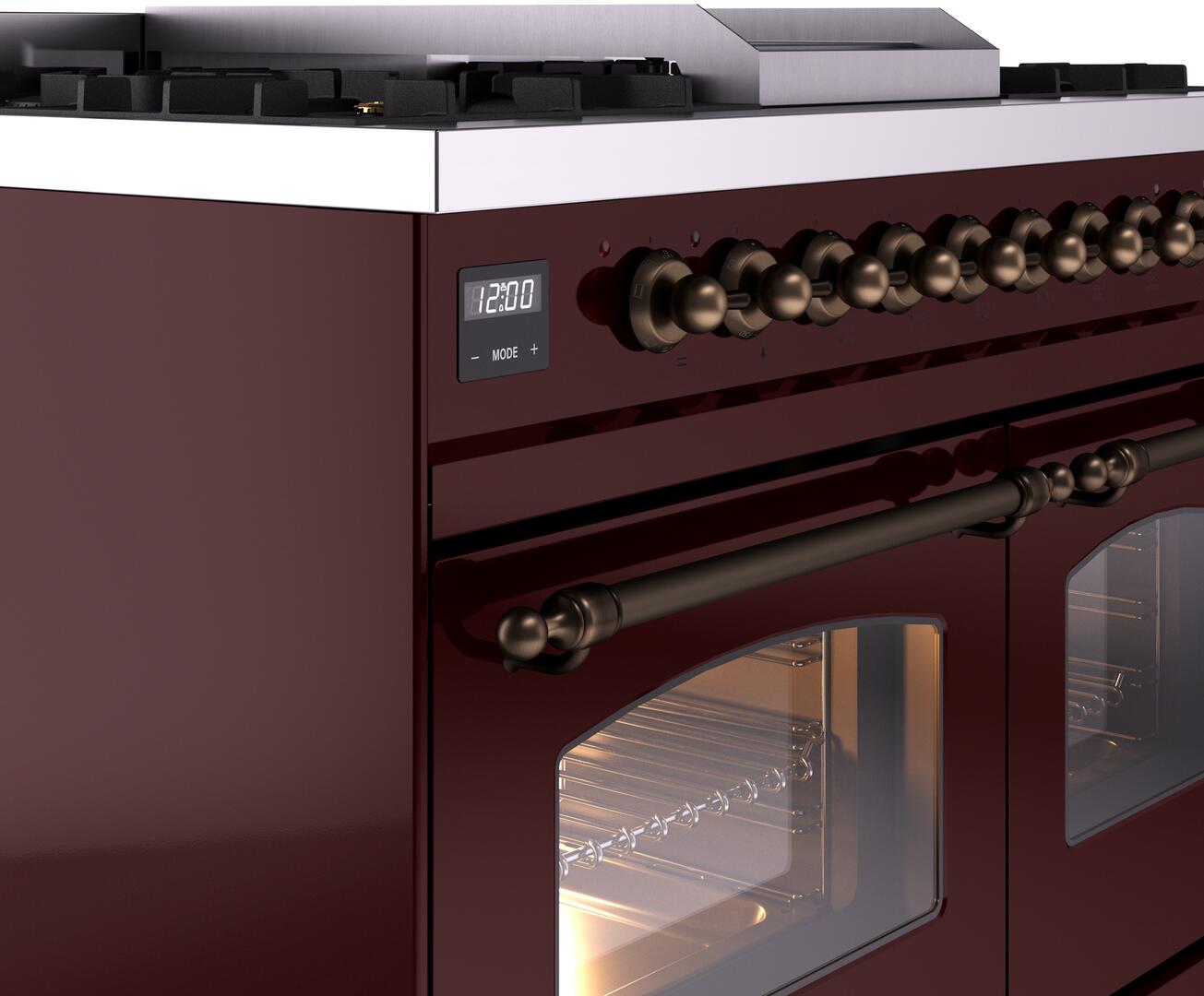 Ilve UPD40FNMPBUB Nostalgie Ii 40 Inch Dual Fuel Natural Gas Freestanding Range In Burgundy With Bronze Trim