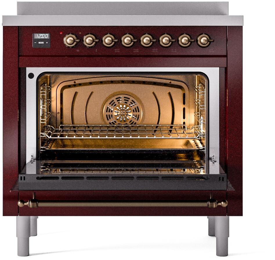 Ilve UPI366NMPBUB Nostalgie Ii 36 Inch Electric Freestanding Range In Burgundy With Bronze Trim