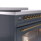 Ilve UPI486NMPBGG Nostalgie Ii 48 Inch Electric Freestanding Range In Blue Grey With Brass Trim