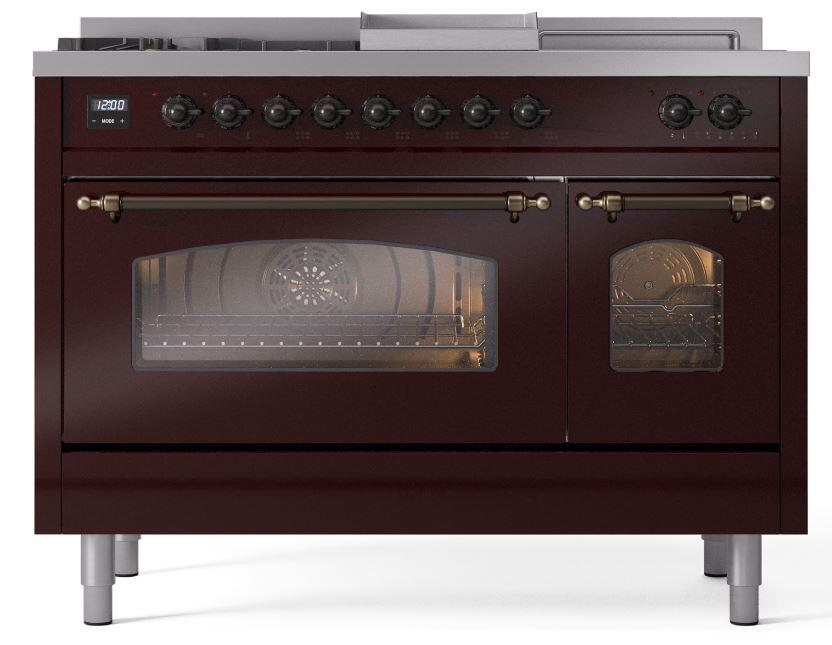 Ilve UP48FSNMPBUBLP Nostalgie Ii 48 Inch Dual Fuel Liquid Propane Freestanding Range In Burgundy With Bronze Trim