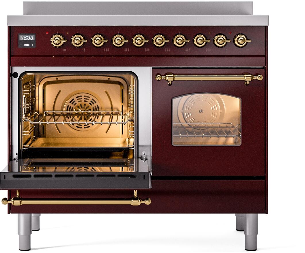 Ilve UPDI406NMPBUG Nostalgie Ii 40 Inch Electric Freestanding Range In Burgundy With Brass Trim