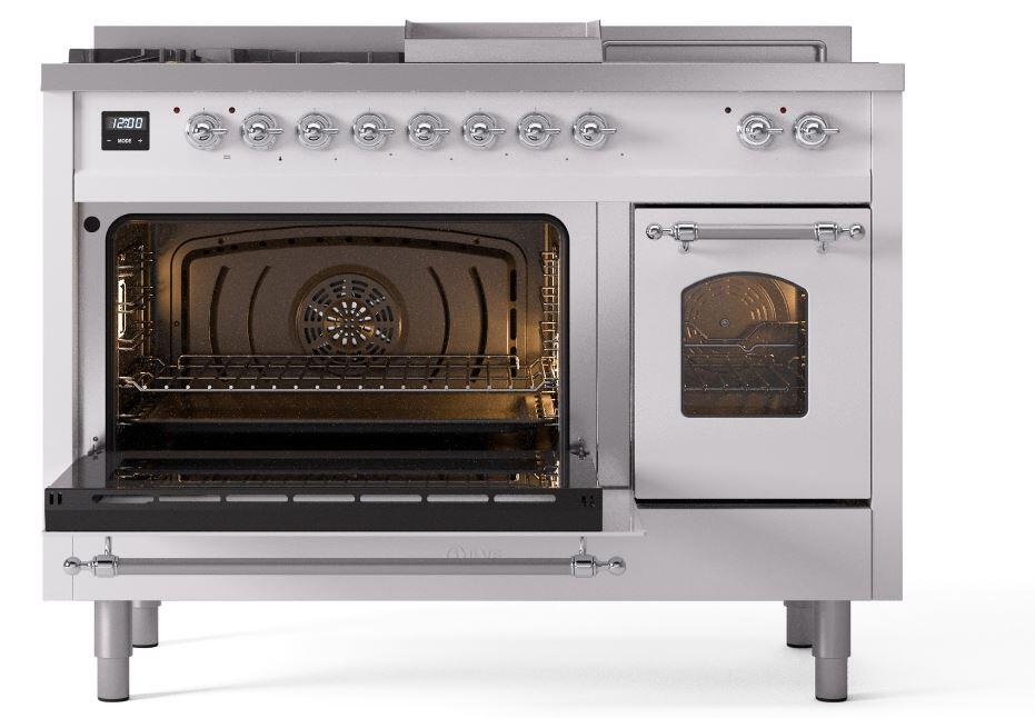 Ilve UP48FSNMPWHC Nostalgie Ii 48 Inch Dual Fuel Natural Gas Freestanding Range In White With Chrome Trim