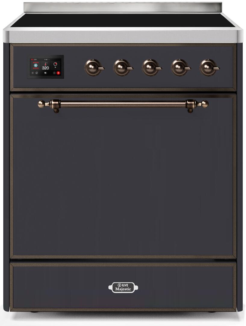 Ilve UMI30QNE3MGB Majestic Ii 30 Inch Electric Freestanding Range In Matte Graphite With Bronze Trim