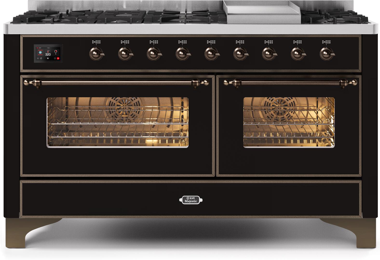 Ilve UM15FDNS3BKBLP Majestic Ii 60 Inch Dual Fuel Liquid Propane Freestanding Range In Glossy Black With Bronze Trim